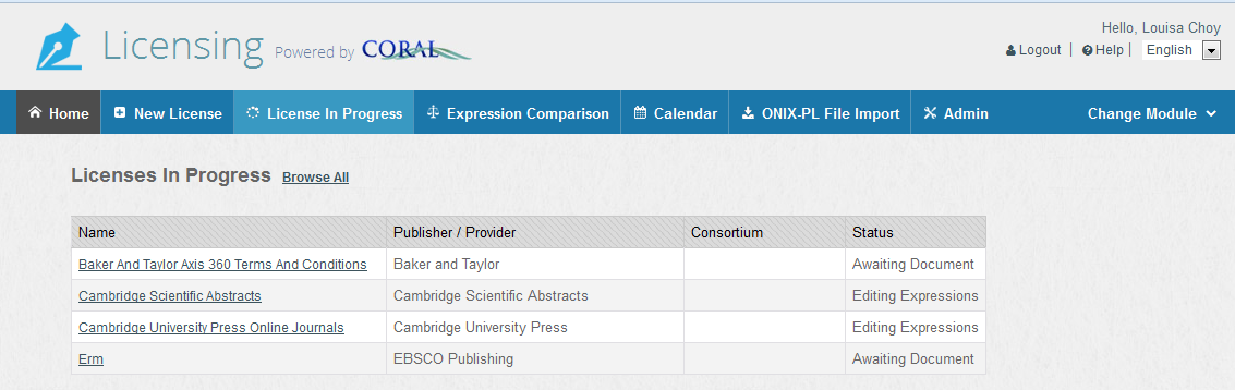 screenshot of Licenses in progress section.  There is a table of licenses in progress.