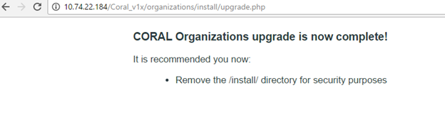 Screenshot of CORAL Organizations showing successful update up to Version 1.3.1