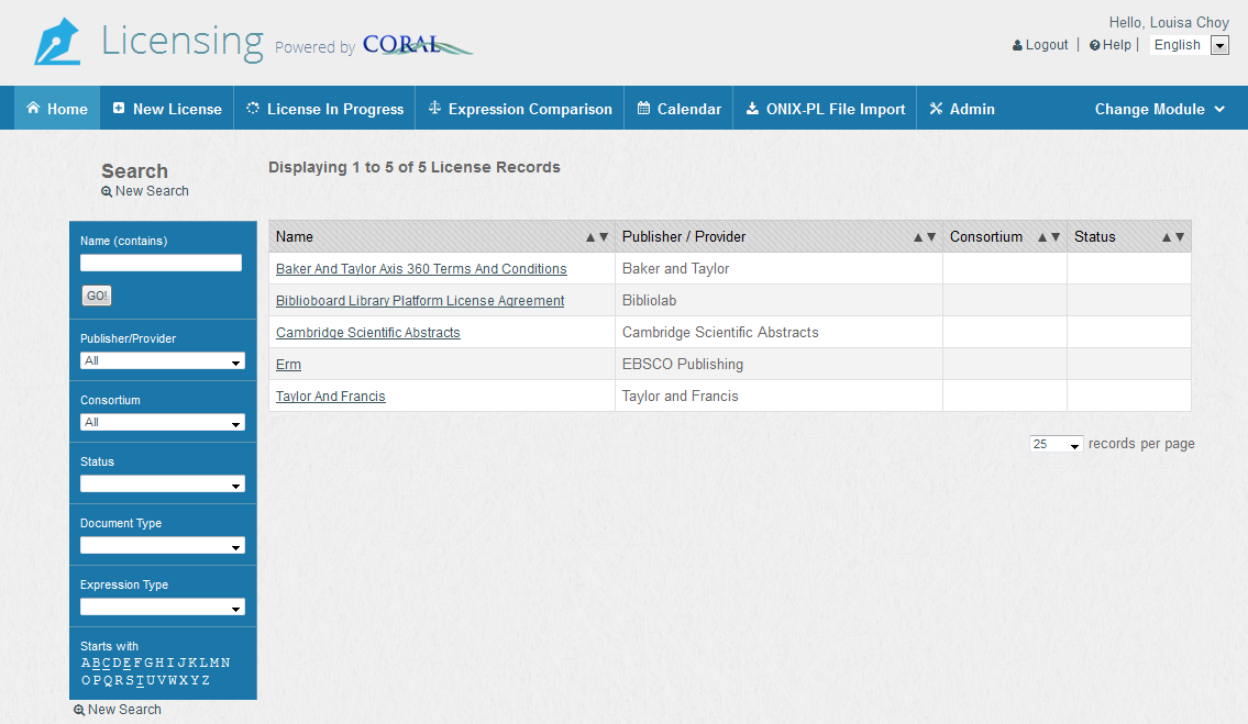 image of home screen for Licensing modules. Search features are on the left and a table of licenses on the right.