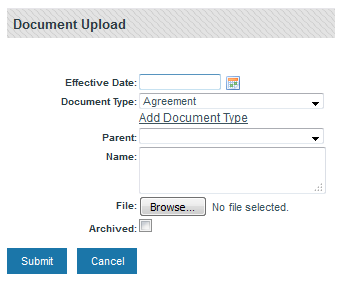 screenshot of Document Upload form. There are 6 fields.