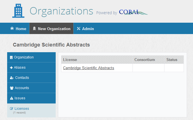 Screenshot of licenses view